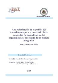 Una valoración de la gestión del conocimiento para el desarrollo de la capacidad de aprendizaje en las organizaciones : propuesta de un modelo integrador / Isabel M.ª  Prieto Pastor | Biblioteca Virtual Miguel de Cervantes