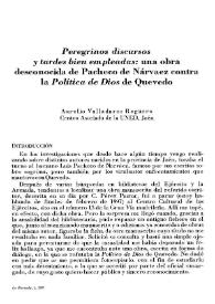 "Peregrinos discursos y tardes bien empleadas" : una obra desconocida de Pacheco de Narváez contra la "Política de Dios" de Quevedo / Aurelio Valladares Reguero | Biblioteca Virtual Miguel de Cervantes