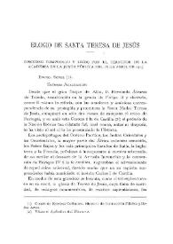 Elogio de Santa Teresa de Jesús. Discurso compuesto y leído por el Director de la Academia en la Junta pública del 18 de abril de 1815 / Fidel Fita | Biblioteca Virtual Miguel de Cervantes