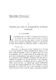 Prelación por orden de antigüedad de las Reales Academias / Ángel de Altolaguirre, Julio Puyol y Vicente Castañeda | Biblioteca Virtual Miguel de Cervantes