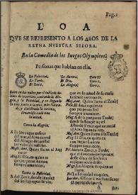 Loa que se represento a los años de la Reyna nuestra señora en la Comedia de los Iuegos Olympicos / [de D. Agustin Salazar] | Biblioteca Virtual Miguel de Cervantes