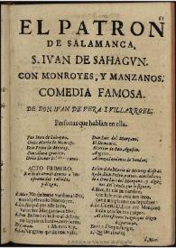 El patron de Salamanca, S. Iuan de Sahagun, con Monroyes y Manzanos / de Don Iuan de Vera y Villarroel | Biblioteca Virtual Miguel de Cervantes