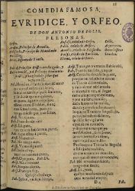 Eurídice y Orfeo : comedia. Emp.: Hombre o fantasma ¿quién eres? (h. 2)... Fin.: la obediencia le disculpa (h. 42) / de Antonio de Solís y Ovando [i.e. Rivadeneyra] | Biblioteca Virtual Miguel de Cervantes