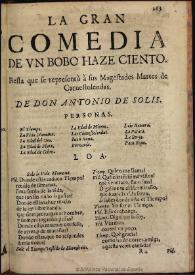 De un bobo hace ciento : fiesta que se representó à sus Majestades martes de carnestolendas / [Antonio de Solís] | Biblioteca Virtual Miguel de Cervantes