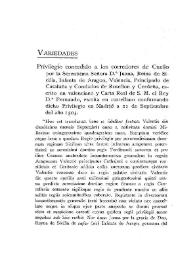 Privilegio concedido a los corredores de Cuello por la Serenísima Señora D.ª Juana, Reina de Sicilia ... , escrito en valenciano y Carta Real de S. M. el Rey Don Fernando, escrita en castellano confirmando dicho Privilegio en Madrid a 21 de Septiembre del año 1505 / Vicente Castañeda | Biblioteca Virtual Miguel de Cervantes