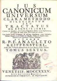 Jus canonicum universum : clara methodo juxta titulos quinque librorum Decretalium : in quaestionum distributum, solidisque responsionibus & objectionum solutionibus dilucidatum : cui in hac novissima editione accessit tomus sextus complectens Tractatum de regulis juris. Volumen VI / authore R.P.F. Anacleto Reiffenstuel ... | Biblioteca Virtual Miguel de Cervantes