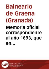 Memoria oficial correspondiente al año 1893, que en cumplimiento de la regla 9a del artículo 57, del reglamento de baños y aguas minero-medicinales de 1874, presenta el médico-director en propiedad del balneario de Graena Cándido Peña y Gallegos. | Biblioteca Virtual Miguel de Cervantes