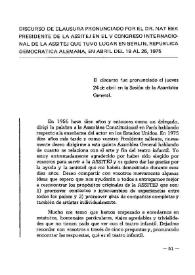 Discurso de clausura / pronunciado por el Dr. Nat Eek, presidente de la ASSITEJ en el V Congreso Internacional de la ASSITEJ que tuvo lugar en Berlín, República Democrática Alemana, en abril del 19 al 26, 1975 | Biblioteca Virtual Miguel de Cervantes