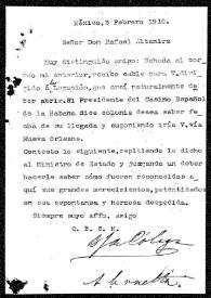 Carta de B. J. Cólogan a Rafael Altamira. México, 3 de febrero de 1910 | Biblioteca Virtual Miguel de Cervantes