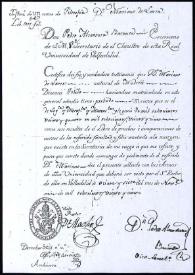 Certificados de Estudios en  Lógica, Métrica y Matemáticas de Mariano José de Larra expedido por la Universidad de Valladolid | Biblioteca Virtual Miguel de Cervantes