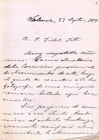 Carta de Luis Tramoyeres Blasco a Fidel Fita comunicando el hallazgo de una inscripción romana a finales de agosto de 1899 y el envio de su descripción y fotografía / Comisón provincial de Monumentos de Valencia | Biblioteca Virtual Miguel de Cervantes