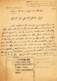 Carta de E. Morera a F. Fita comunicándole el hallazgo de una inscripción en la calle del Asalto con rambla de S. Juan de Tarragona; dibujo de la misma. Al final acompaña dibujo e interpretación de dicha inscripción de F. Fita. / Convento de Carmelitas (Tarragona); Delegación de Hacienda (Tarragona); Monasterio de Sta. Clara (Barcelona); La Renaixença (Barcelona) | Biblioteca Virtual Miguel de Cervantes