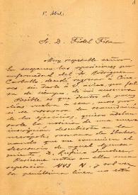 Carta de Juan Sanguino y Michel a F. Fita comunicando una lápida descubierta en la necrópolis de Ibahernando / Ayuntamiento Ibahernando | Biblioteca Virtual Miguel de Cervantes