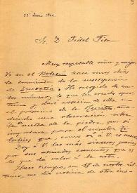 Carta de Juan Sanguino y Michel a F. Fita sobre una inscripción de Ibahernando; comunica que quiere sacar calcos de ésta y de la de Nuestra Señora de la Jara | Biblioteca Virtual Miguel de Cervantes