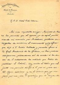 Carta de Ramón Santa María a Fidel Fita a su vuelta de Andalucía; remite dibujo de una inscripción de Baeza que está en el Ayuntamiento y de otra de Alcalá de Henares hallada en el cimiento del convento de las Claras | Biblioteca Virtual Miguel de Cervantes