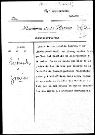 Carpetilla de expediente de la carta de Aurelio Cabrera en la que remite un plano y fotografías del castillo de Alburquerque, así como el calco que hizo de la piedra de los hierros, por encargo de la Comisión de Investigaciones Paleontológicas; asimismo da cuenta también del estado de conservación de dicho castillo. | Biblioteca Virtual Miguel de Cervantes