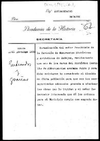 Carpetilla de expediente de una comunicación del Presidente de la Comisión de Monumentos de Badajoz  manifestando que uno de los muros del castillo de Alburquerque amenaza ruina, lo que ha trasladado al alcalde de dicha localidad y al Gobernador Civil de Badajoz. | Biblioteca Virtual Miguel de Cervantes