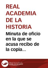 Minuta de oficio en la que se acusa recibo de la copia con las bases del concurso sobre los Vitores, que existen en edificios públicos y particulares de Salamanca. Se acuerda que el asunto pase a la Comisión del Boletín por si ésta última estima procedente la publicación de las bases en el mismo. | Biblioteca Virtual Miguel de Cervantes