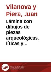 Lámina con dibujos de piezas arqueológicas, líticas y óseas,  procedentes de la estación prehistórica de Valdegeña. Forma parte del trabajo "Habitaciones palustres en la provincia de Soria", publicado en el Boletín de la Academia (tomo XX). | Biblioteca Virtual Miguel de Cervantes