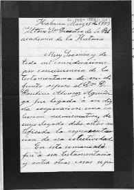 Carta de la viuda del correspondiente Paulino Álvarez en la que comunica que su esposo donó en legado su colección monetaria, que se ha depositado en la Caja de Ahorros, Depósito y Descuentos de La Habana, esperando que persona de confianza de la Academia la recoja. | Biblioteca Virtual Miguel de Cervantes