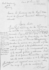 Borrador del oficio de recibo y agradecimiento dirigido al Secretario de la Real Academia de Ciencias Exactas, Físicas y Naturales por la donación de la medalla del premio Echegaray, varias publicaciones suyas y la invitación al acto de recepción del electo Gustavo Fernández. | Biblioteca Virtual Miguel de Cervantes