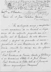 Carta del Rector de la Universidad de Oviedo al académico Juan Catalina García solicitando que de las medallas adjuntas entregue una a la Real Academia de la Historia y a demás instituciones que señala. En nota del académico García señala que recibió todo por conducto de Francisco de las Barras de Aragón. | Biblioteca Virtual Miguel de Cervantes