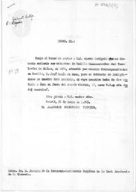 Minuta del oficio dirigido al Anticuario adjuntándole una insignia conmemorativa del bombardeo de Bilbao en 1874, donada por el correspondiente en Sevilla José Mª de Mena. | Biblioteca Virtual Miguel de Cervantes