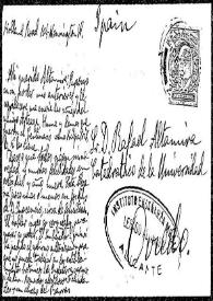 Tarjeta postal de [Francisco de las] Barras a Rafael Altamira | Biblioteca Virtual Miguel de Cervantes