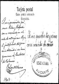 Tarjeta postal de R. Santullano a Rafael Altamira. 1908 | Biblioteca Virtual Miguel de Cervantes