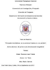 "Competencias básicas en ecuaciones lineales en una variable", de los alumnos del primer curso de educación magisterial / María Rubenia Ávalo Toledo | Biblioteca Virtual Miguel de Cervantes