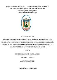 La formación de competencias en el módulo de atención a la mujer, niño y adolescentes del curso de auxiliares de enfermería y su relación en el trabajo de los estudiantes en servicio social en los niveles de atención primaria en salud / Lourdes Jamileth Palma Lagos | Biblioteca Virtual Miguel de Cervantes