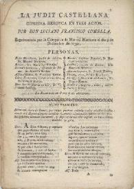 La Judit castellana. Comedia heroyca en tres actos / por Luciano Francisco Comella ; representada por la compañía de Manuel Martinez el dia 9 de diciembre de 1791 | Biblioteca Virtual Miguel de Cervantes