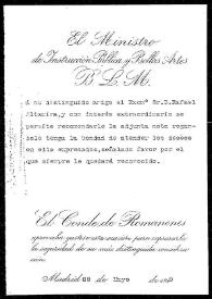 Carta del Conde de Romanones a Rafael Altamira. Madrid, 22 de mayo de 1910 | Biblioteca Virtual Miguel de Cervantes