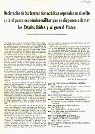 Declaración de las fuerzas democráticas españolas en el exilio ante el pacto económico-militar que se disponen a firmar los EEUU y el general Franco | Biblioteca Virtual Miguel de Cervantes