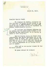 Carta de Max Aub a Camilo José Cela. México, 9 de abril de 1962 | Biblioteca Virtual Miguel de Cervantes