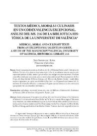 Textos mèdics, morals i culinaris en un còdex valencià excepcional. Anàlisi del ms. 216 de la Biblioteca Històrica de la Universitat de València / Joan Santanach i Suñol | Biblioteca Virtual Miguel de Cervantes