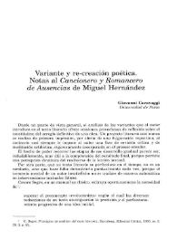 Variante y re-creación poética: notas al "Cancionero y Romancero de Ausencias" de Miguel Hernández / Giovanni Caravaggi

 | Biblioteca Virtual Miguel de Cervantes