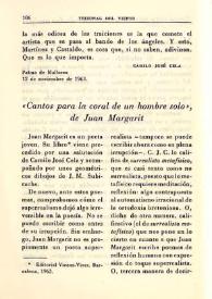 "Cantos para la coral de un hombre solo", de Juan Margarit  / L. de L. | Biblioteca Virtual Miguel de Cervantes